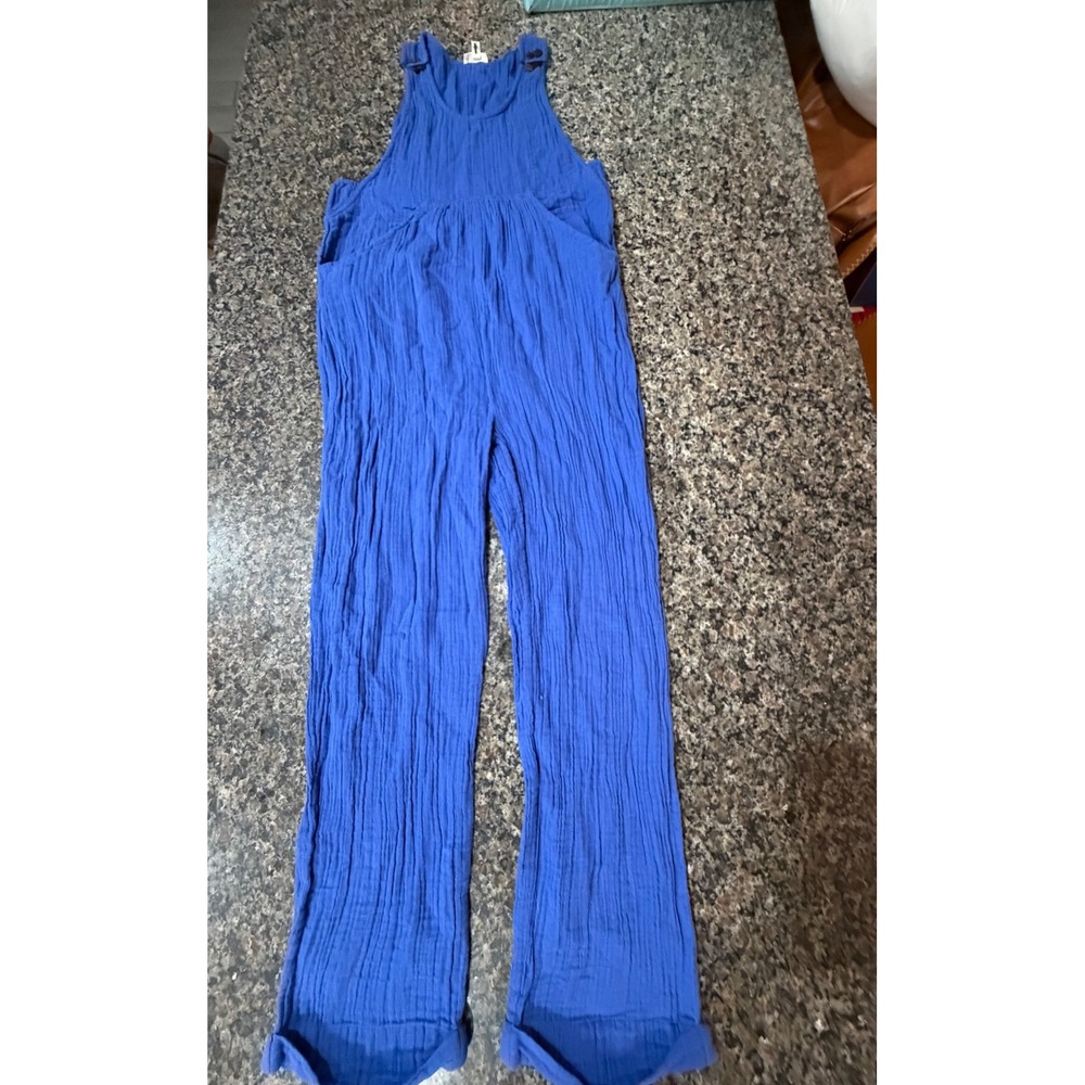 Earthbound Trading Co Blue Gauze Overalls Jumpsuit Small Boho Crinkle Cotton